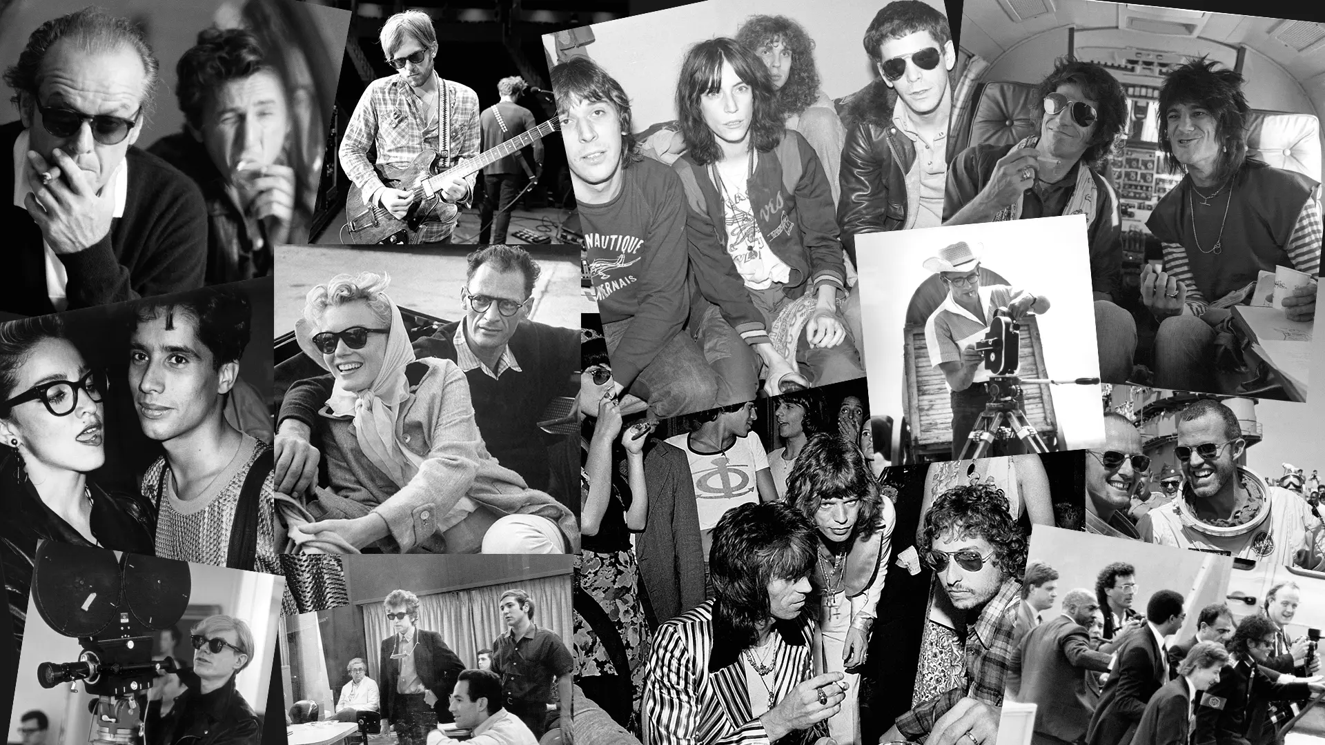 A black-and-white collage of archival photographs showing musicians, artists, and filmmakers wearing Ray-Ban sunglasses in candid moments.
